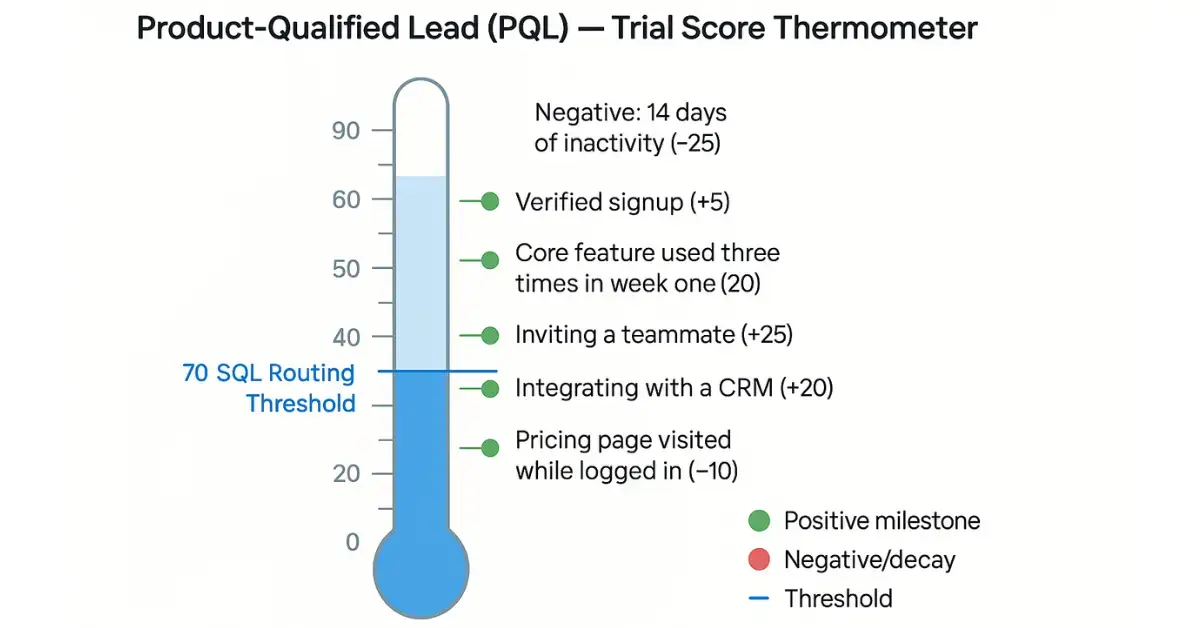 lead scoring implementation roadmap steps, how long does it take to implement a lead scoring model, usage-based lead scoring rules best practices, how to build PQL model, product-led lead scoring for B2B enterprises, usage signals vs profile signals for PQLs, product-qualified lead model for SaaS trial users,