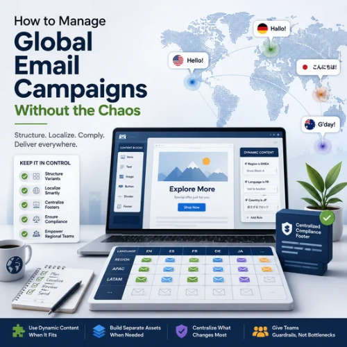 global email campaign, dynamic content, email localization, regional marketing teams, email template management, compliance footer, campaign version control