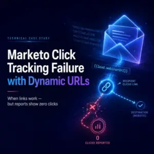 Marketo click tracking, Marketo dynamic URL, Marketo Velocity script tracking, Marketo two-pass email build, tracked links Marketo, lead field token Marketo