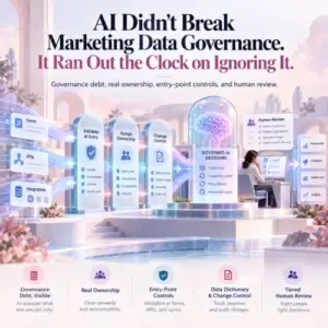AI data governance framework, governance debt, data stewardship for AI, data validation at the point of entry, data dictionary change control, risk-based human review, AI-assisted marketing automation