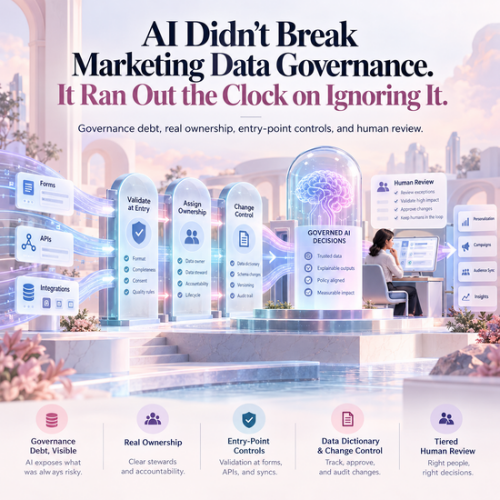 AI data governance framework, governance debt, data stewardship for AI, data validation at the point of entry, data dictionary change control, risk-based human review, AI-assisted marketing automation