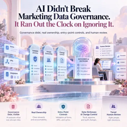 4Thought Marketing: Marketing Automation Consulting for B2B Teams 50 AI data governance framework, governance debt, data stewardship for AI, data validation at the point of entry, data dictionary change control, risk-based human review, AI-assisted marketing automation