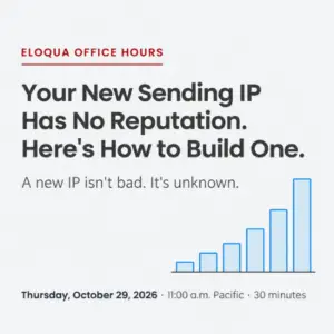 Eloqua Office Hours Oct 2026, IP warming in Eloqua, new dedicated sending IP, IP reputation, Google Postmaster Tools, engagement tiers