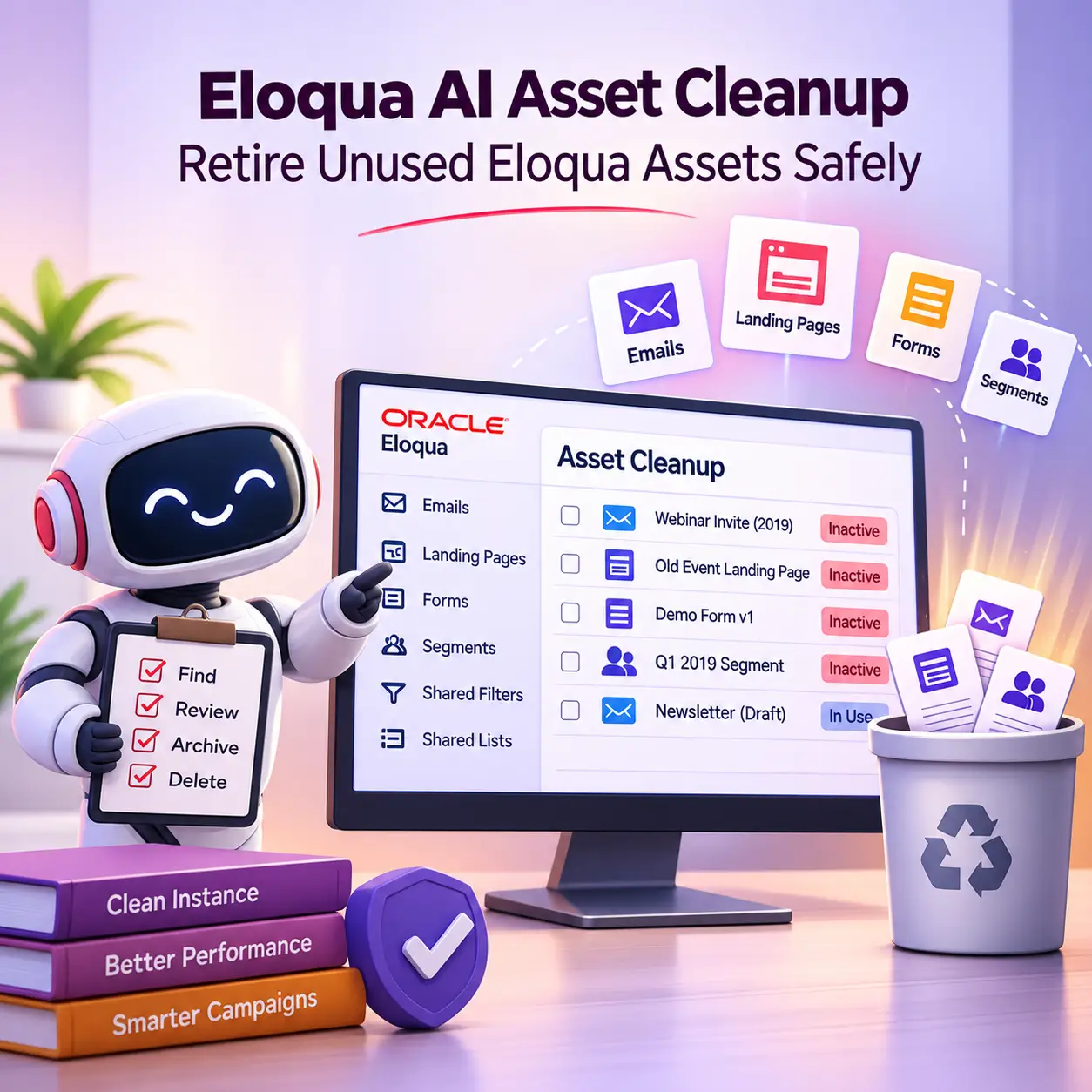 eloqua ai asset cleanup, eloqua unused assets cleanup, eloqua asset cleanup, retire unused eloqua assets, eloqua instance health, eloqua asset dependencies